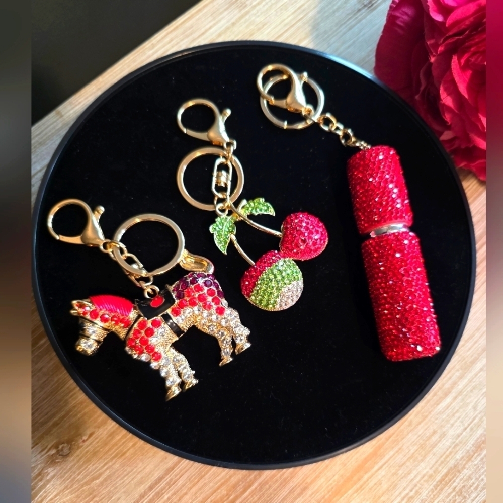 Red Rhinestone Handbag Charm & Keychain Trio – Horse, Cherry & Perfume Atomizer